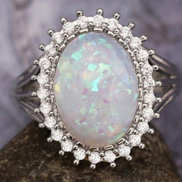 NEW HUGE OPAL DIAMOND HALO STERLING SILVER RING, CUTE RING, SHINY RING. - Picture 3 of 6